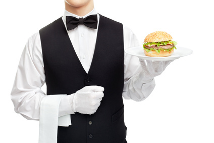 Waiter torso with hamburger on plate