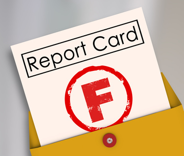Letter F grade on a report card rating a terrible, bad, poor preformance in school, a class, job or other scored activity