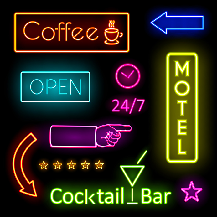 Colorful Glowing Neon Lights Graphic Designs for Cafe and Motel Signs on Black Background.