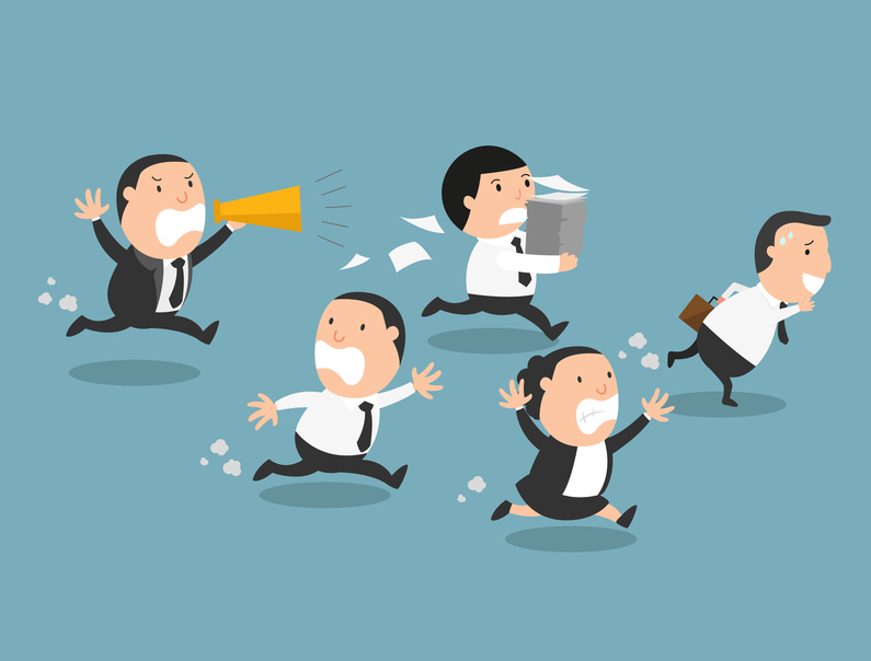 The employees running away from their bad boss.illustration, vector