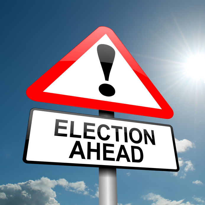 Illustration depicting a road traffic sign with a election concept. Blue sky background.