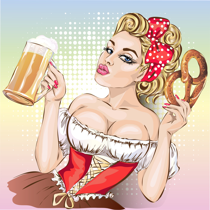 Oktoberfest pin-up woman with beer and pretzel wearing german traditional dress dirndl. hand drawn vector illustration background