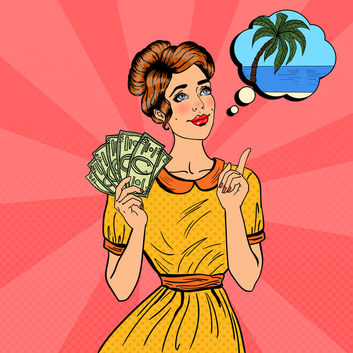 Young Beautiful Woman with Money Dreaming About how to Spend. Pop Art Vector illustration
